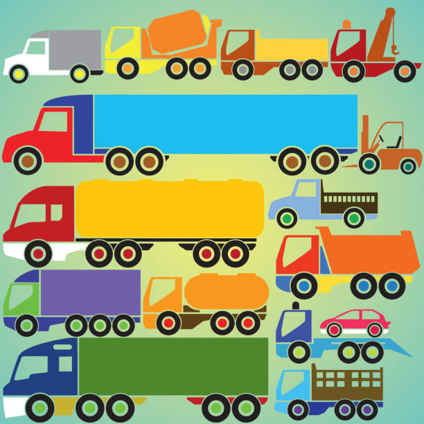 illustrazioni stock, clip art, cartoni animati e icone di tendenza di colorato icone di camion - built structure truck trucking fuel storage tank