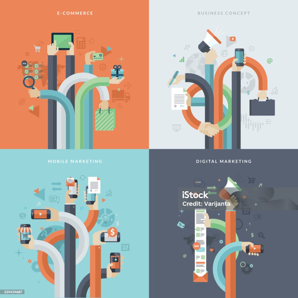 Set di icone di concept design piatto per business e marketing - arte vettoriale royalty-free di Mass Media