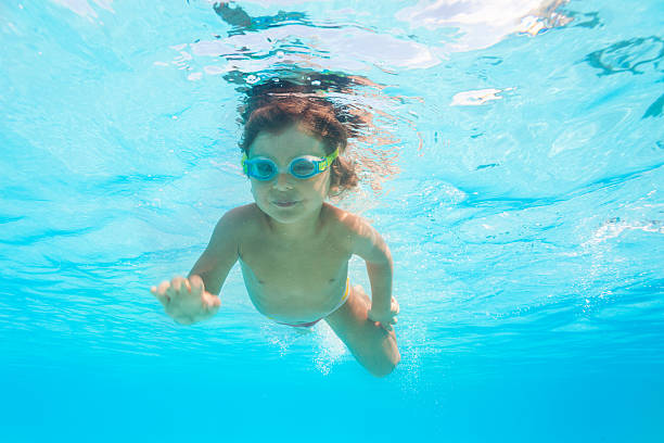 istock Small boy with goggles swims alone under water 524428833