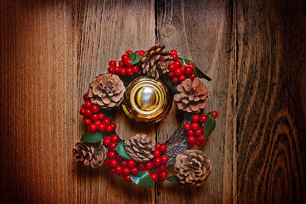 istock Christmas wreath on a wooden door 524448365