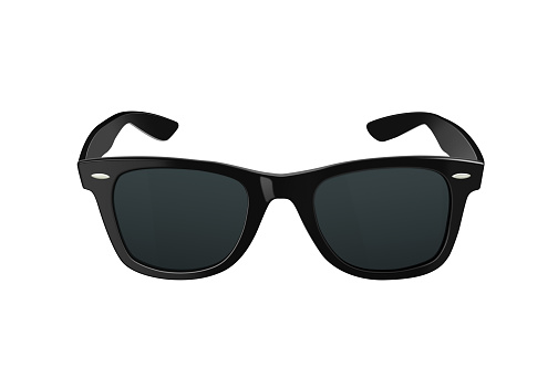 Sunglasses with black plastic frame and mirror glass, white background, cut out, clipping path