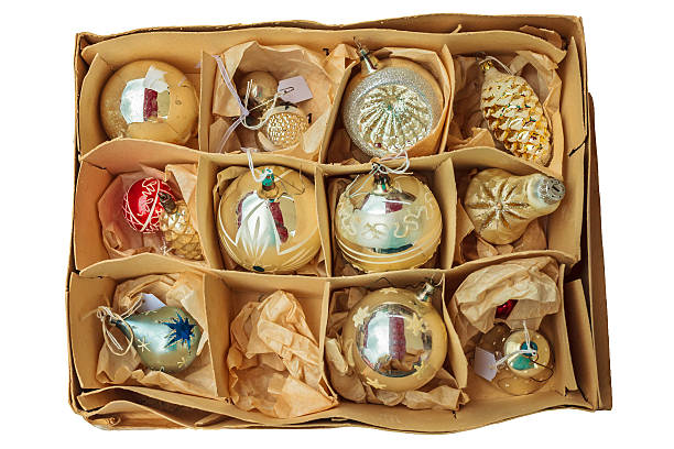 istock Box with vintage Christmas balls isolated on white 524453369