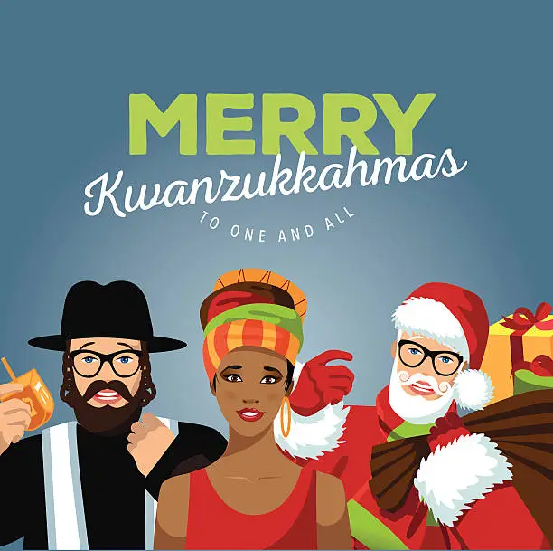 Vector illustration of Merry Kwanzukkahmas with Rabbi, Santa and African woman