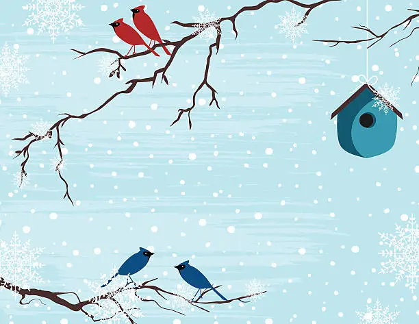 Vector illustration of Christmas Birds On Snowy Branches Template