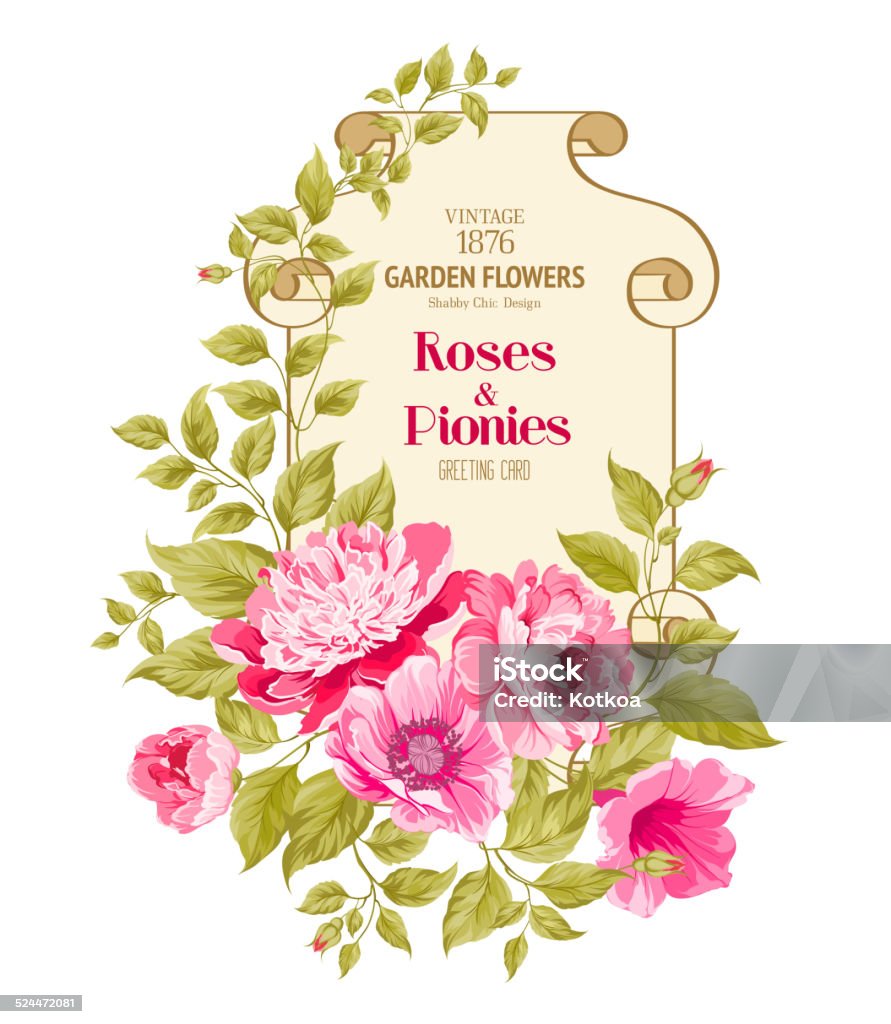 Pink peony. Pink peony background with a vintage label. Vector illustration. Abstract stock vector