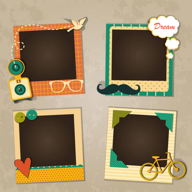 Decorative template frame Decorative template frame design for baby photo and memories, scrapbook concept, vector illustration geographical border photos stock illustrations