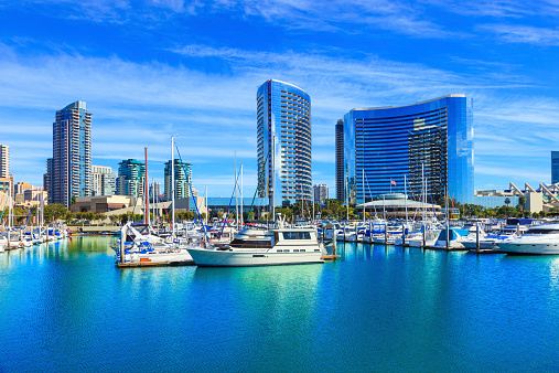 Aerial view of Newport Beach California with ocean and waterways