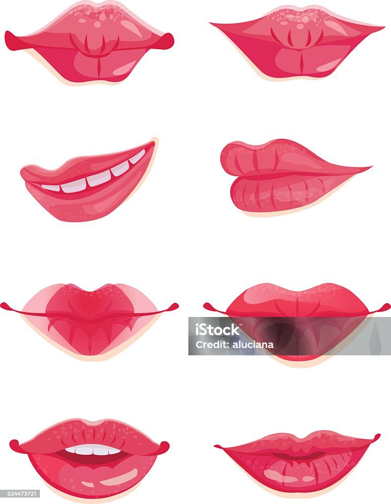 Design set of eight hot pink female lips Illustration of eight cartoon sexy female lips. Beauty and make-up. Illustration and design resource. Art stock vector