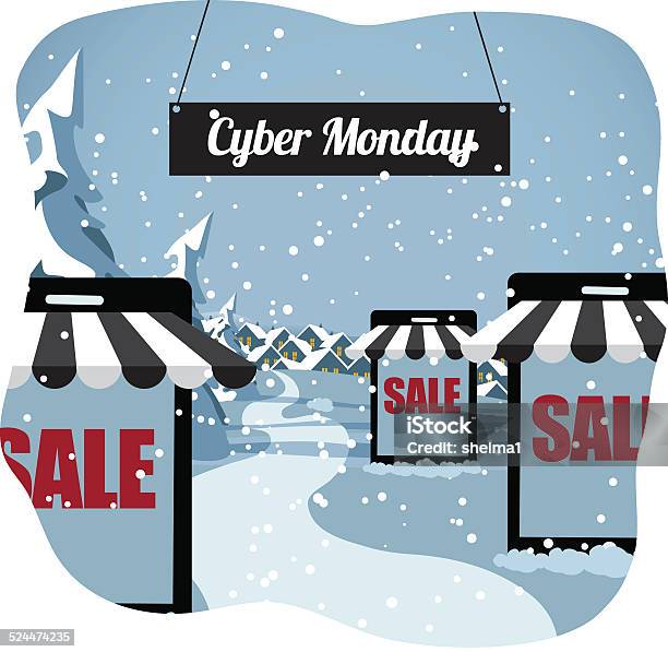 Cyber Monday Smartphone Shopping Village Stock Illustration - Download Image Now - Awning, Black Color, Black Friday - Shopping Event