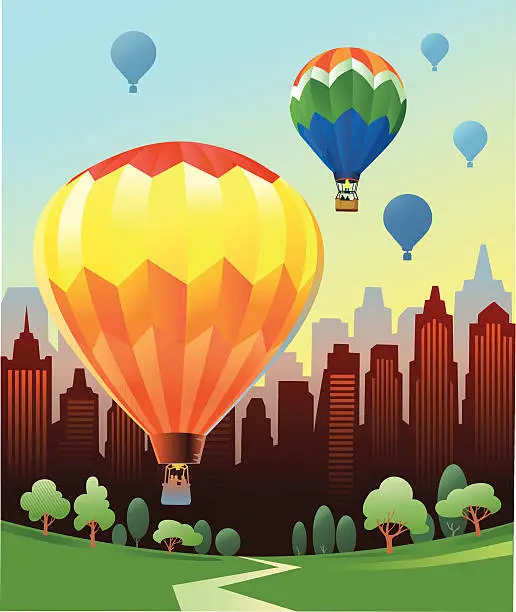 Vector illustration of Hot Air Balloons and City Skyline