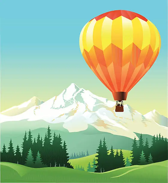 Vector illustration of Hot Air Balloon Flying Over the Mountain
