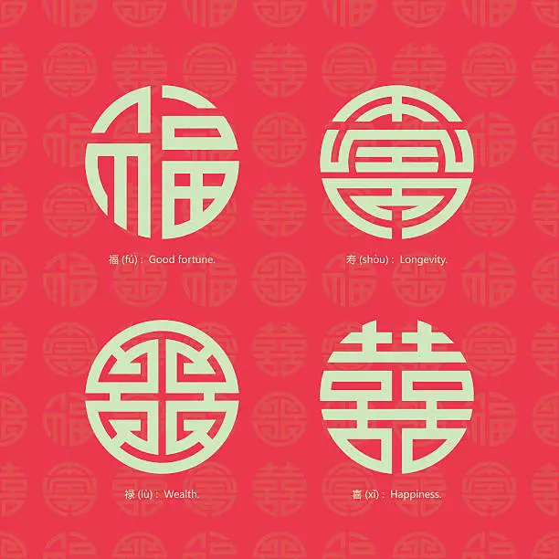 Vector illustration of China traditional auspicious symbols and seamless background