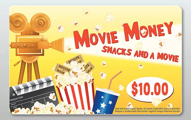 Vector illustration of Movie Night Theatre Gift Card Template - Popcorn, Soda, Slate