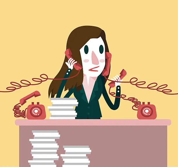 Vector illustration of Busy businesswoman holding a lot of Telephones.