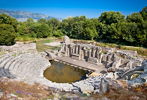 Amphitheater- Remains of the ancient Baptistery from the 6th century at Butrint, Albania. This Archeological site is World Heritage Site by UNESCO.