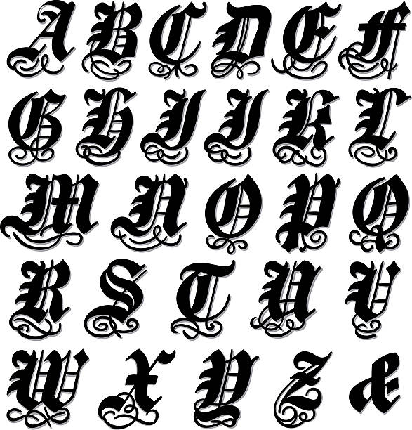 Complete Gothic alphabet Complete uppercase Gothic alphabet in a bold black doodle with ornamental swirls and flourishes, vector illustration isolated on white fancy letter b drawing stock illustrations