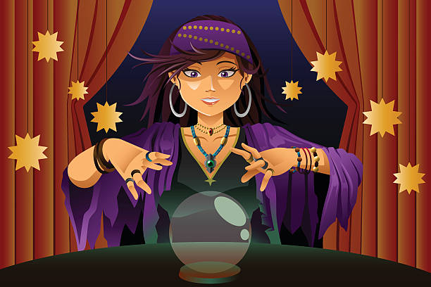 ilustraciones, imágenes clip art, dibujos animados e iconos de stock de adivino lectura bola de cristal - fortune teller