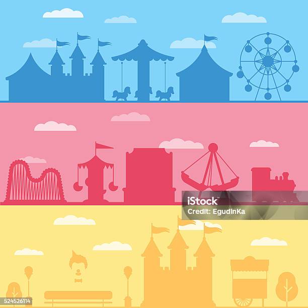 Colorful Set Silhouette Of Carnival Funfair And Amusement Park Stock Illustration - Download Image Now