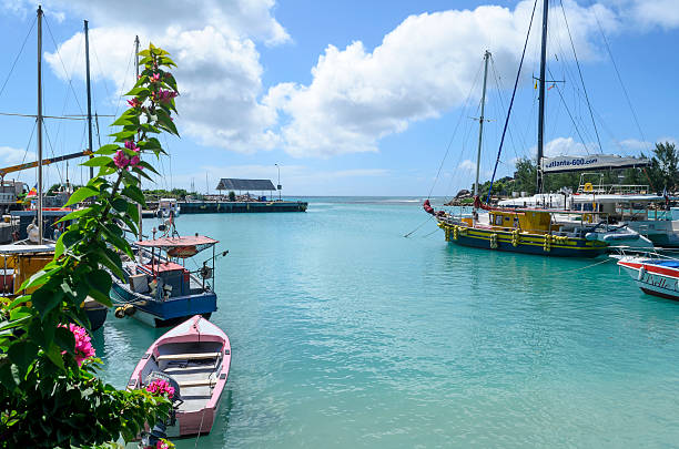 La Passe, Seychelle - July 8, 2015: Sailing yachts and pleasure motor boats moored in marina in La Passe, La Digue Island.