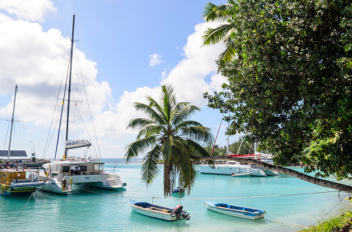 La Passe, Seychelle - July 8, 2015: Sailing yachts and pleasure motor boats moored in marina in La Passe, La Digue Island.