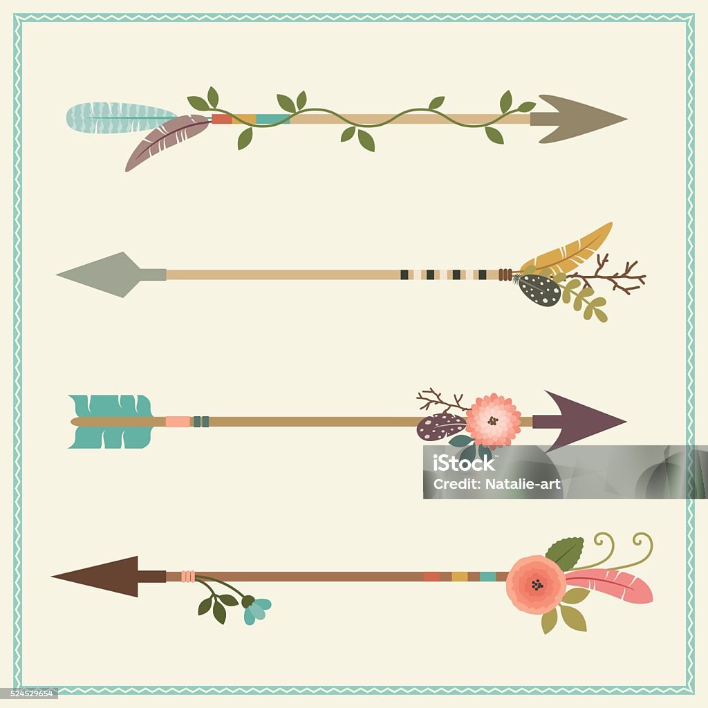 Native american floral arrows Beautiful native american arrows, feathers and floral decorations. Vector vintage illustration. Boho arrows. Backgrounds stock vector