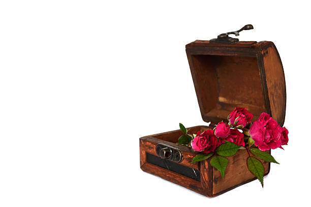Vintage Wooden Storage Box With Brass Isolated on White