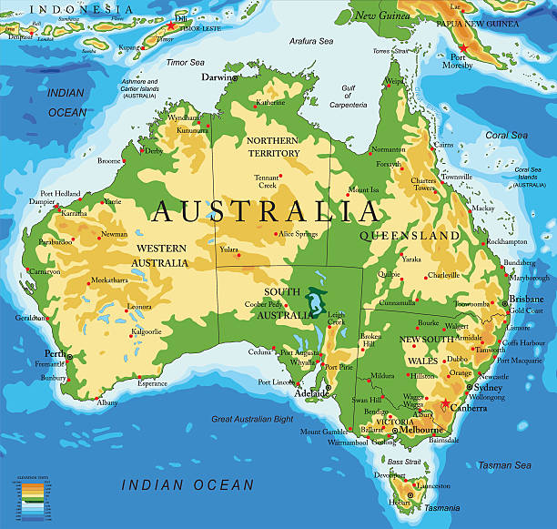 Australia-physical map Detailed physical map of Australia. brisbane stock illustrations