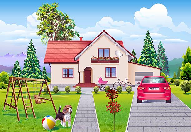 Single Family Dream Life Illustration. Dream House, Dream Car and the Dog. Happy Family Life Illustration.
