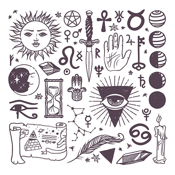 ilustraciones, imágenes clip art, dibujos animados e iconos de stock de conjunto de moda vector de tendríamos tomar derroteros esotéricos colección de dibujado a mano dibujo de símbolos - tatuajes del sol