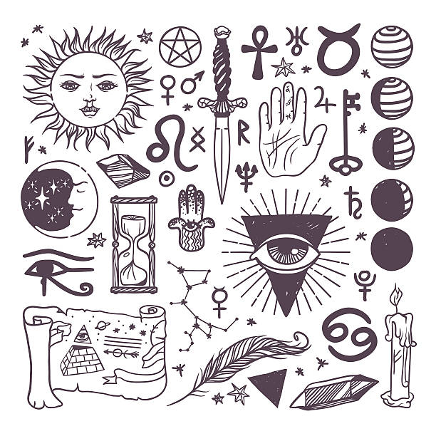 Set of trendy vector esoteric symbols collection sketch hand drawn Set of trendy vector esoteric symbols collection sketch hand drawn. Religion, philosophy, spirituality, occultism, chemistry, science, magic esoteric symbols. Design esoteric symbols tattoo element. masonic symbol stock illustrations