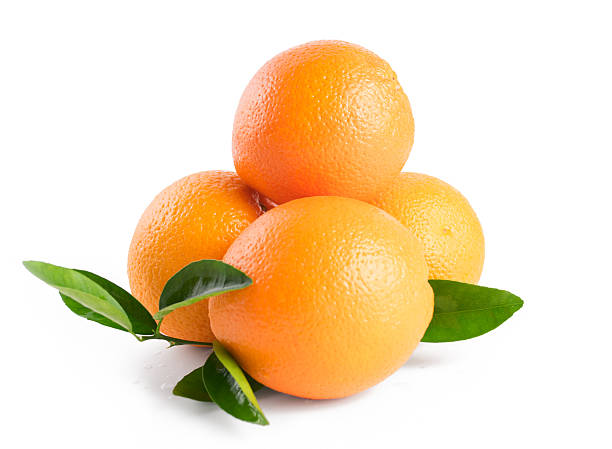 istock Three oranges with leaves isolated on white background 524535344