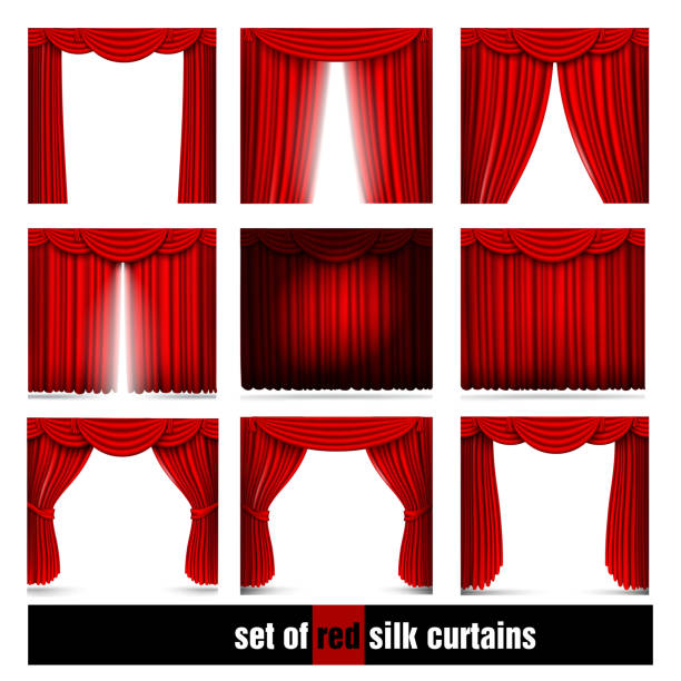 векторный набор красные шелковые шторы и свет и тени - curtain velvet red stage stock illustrations