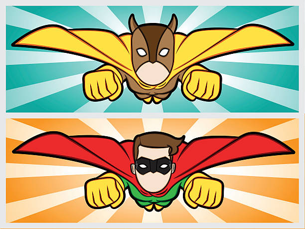 illustrazioni stock, clip art, cartoni animati e icone di tendenza di flyng eroi - mask superhero heroes men