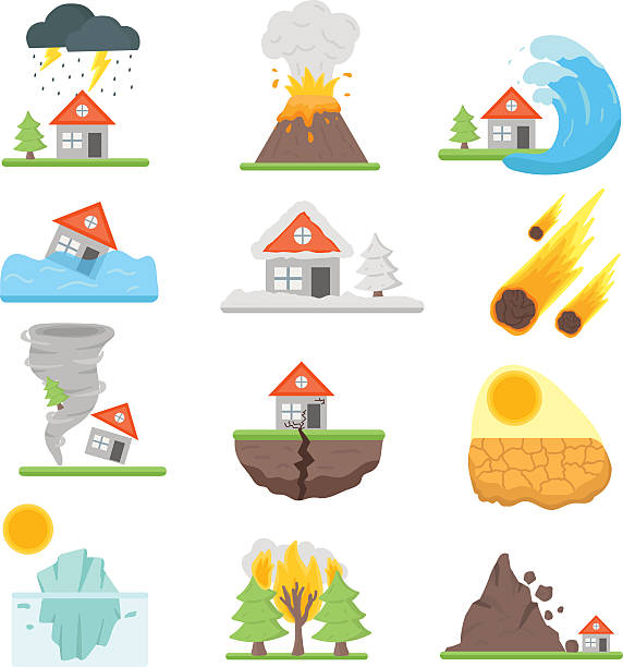 ilustraciones, imágenes clip art, dibujos animados e iconos de stock de seguro de hogar conjunto de ilustración de vectores iconos sufrimiento con la casa - tornado hurricane storm disaster