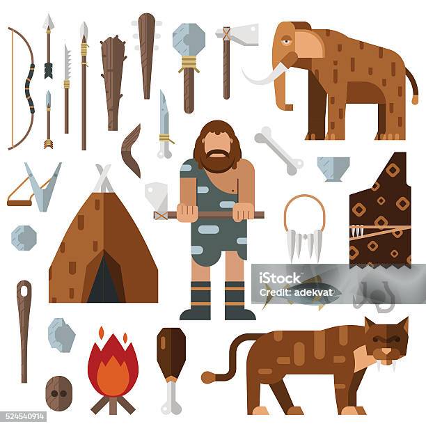 Life Stone Age Caveman Cave Bonfire Mammoth Bone Vector Stock Illustration - Download Image Now