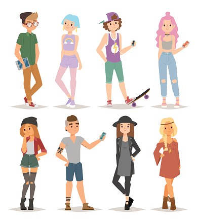 Group of modern teenagers young people lifestyle character vector illustration. Modern teenagers lifestyle and attractive group modern teenagers. Cartoon character adult casual modern teenagers.
