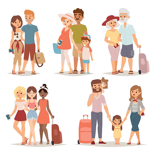 ilustrações de stock, clip art, desenhos animados e ícones de família grupo de pessoas em viagem de férias juntos carácter vector plana - sunglasses luggage vector hat