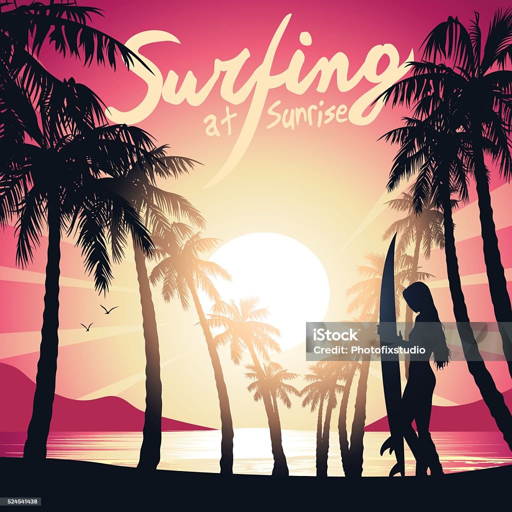 Surfing girl at Sunrise with a surf board Surfing girl at Sunrise with a surf board . Surfing stock vector