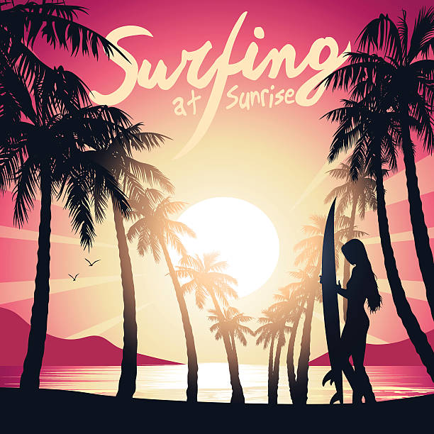 Surfing girl at Sunrise with a surf board Surfing girl at Sunrise with a surf board . skater girl stock illustrations