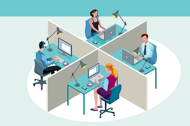 illustrazioni stock, clip art, cartoni animati e icone di tendenza di impiegati d'ufficio seduto alla loro scrivanie - office chair illustrations