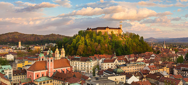 Panorama of Ljubljana, Slovenia, Europe. Panorama of the Slovenian capital Ljubljana at sunset. ljubljana castle stock pictures, royalty-free photos & images