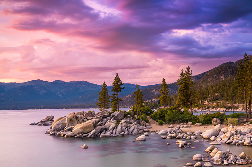 Sunset with cloudy sky over Sand harbor, Lake Tahoe