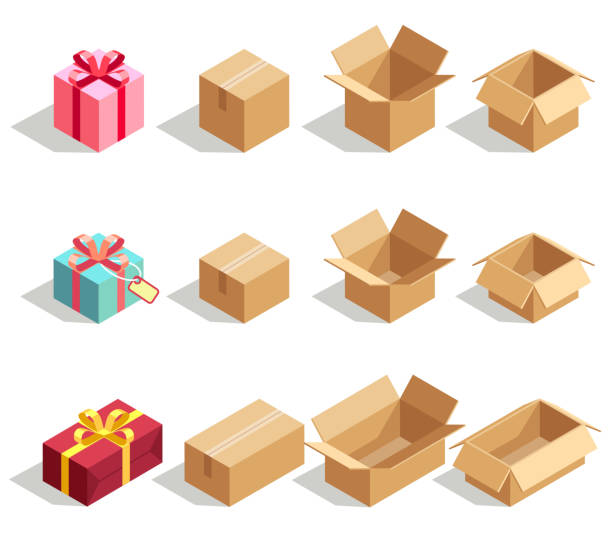 ilustraciones, imágenes clip art, dibujos animados e iconos de stock de cajas de regalo de cartón abierta y cerrada. 3 d isométrica vector de iconos - consumption level illustrations