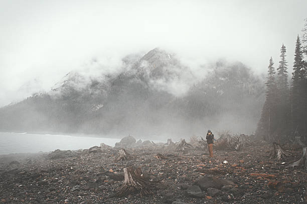 istock Man taking photos in a desolate landscape 524549540