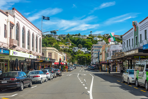 Wellington, New Zealand - November 19, 2014: Jolly Roger and Art Deco architecture on Hastings Street, Napier, Hawkes Bay, North Island, New Zealand.
