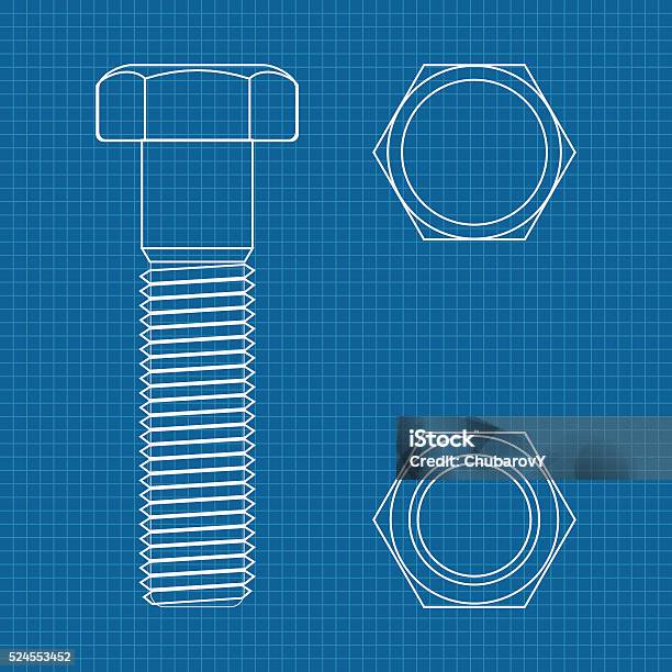 Simple Fastener Drawing Screw Bolt Stock Illustration - Download Image Now - Blueprint, Screw ...