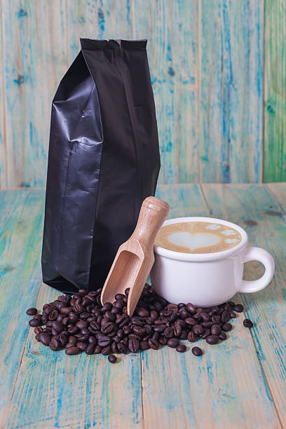istock package of coffee beans and hot latte 524556152