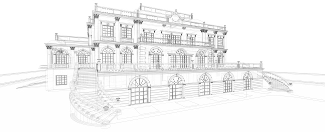 Wireframe view of a 3D model of classical villa