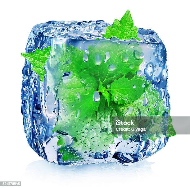 Mint In Ice Cube Stock Photo - Download Image Now - Block Shape, Cold Temperature, Crystal