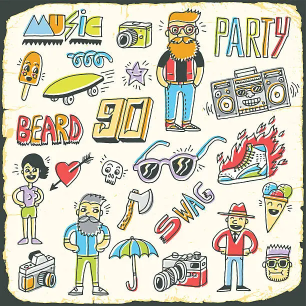 Vector illustration of Hipster retro swag colorful set. Hand drawn vector illustration.